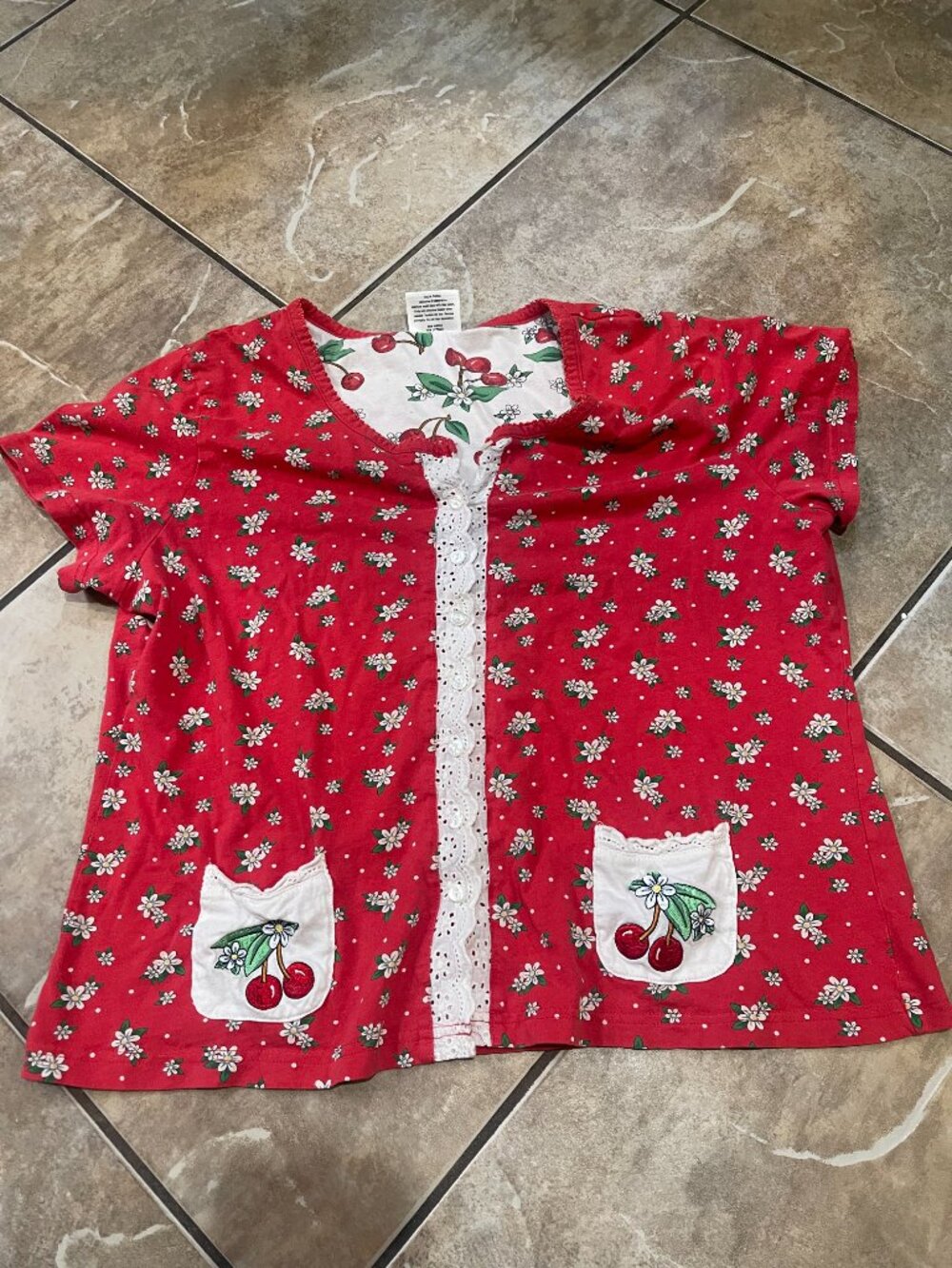 Vintage 90s Mary Engelbreit DreamWear Cherry Cotton Top L - Picture 4 of 9